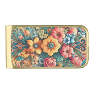 Gorgeous Bouquet of Flowers Gold Finish Money Clip