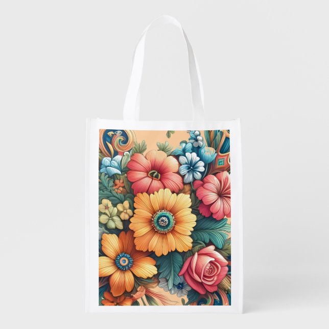 Gorgeous Bouquet of Flowers Grocery Bag (Front)