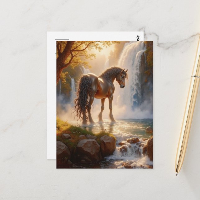 Gorgeous Brown Horse at the Waterfall Postcard (Front/Back In Situ)