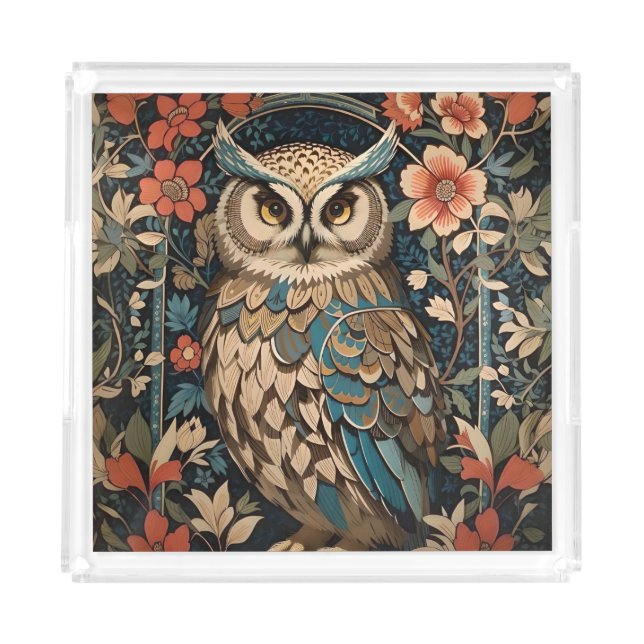 Gorgeous Brown Owl William Morris Inspired Floral Acrylic Tray (Front)