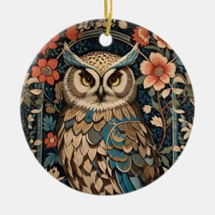 Gorgeous Brown Owl William Morris Inspired Floral Ceramic Ornament