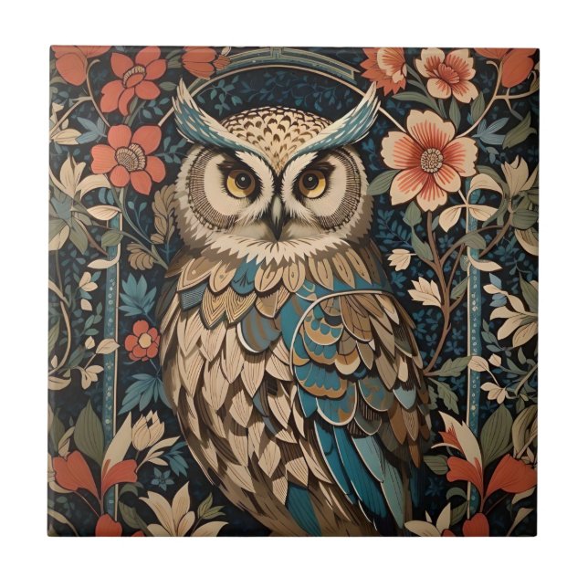 Gorgeous Brown Owl William Morris Inspired Floral Ceramic Tile (Front)