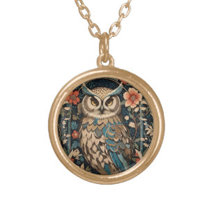 Gorgeous Brown Owl William Morris Inspired Floral Gold Plated Necklace