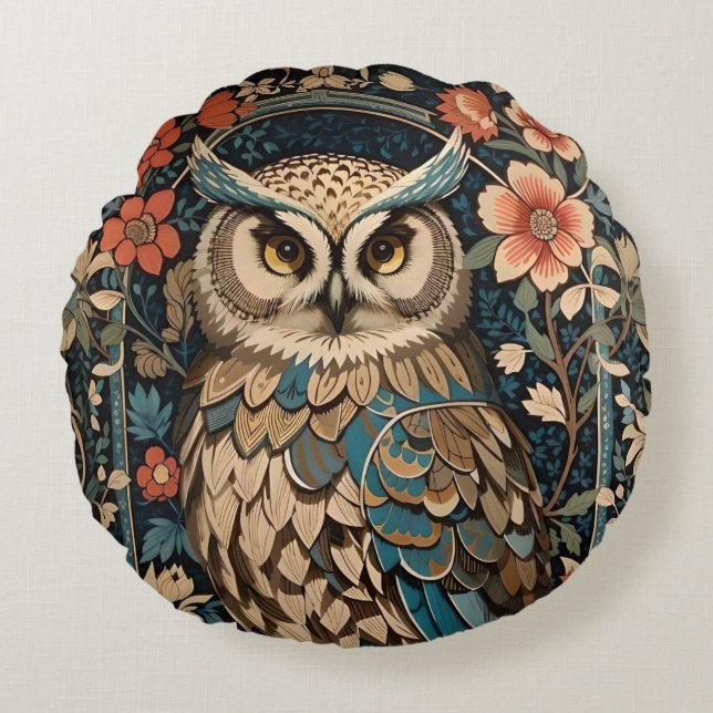 Gorgeous Brown Owl William Morris Inspired Floral Round Pillow (Front)