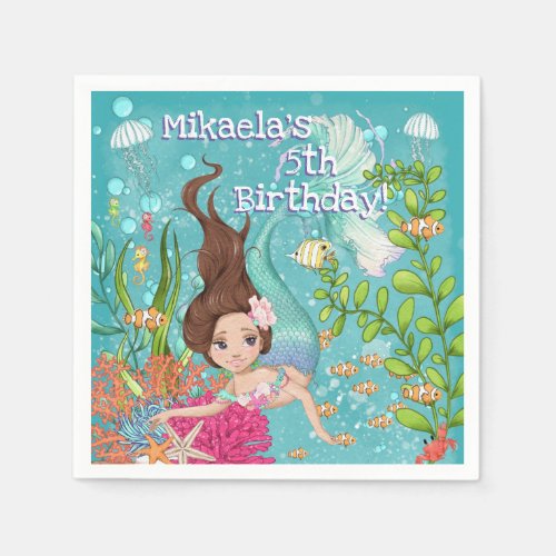 Gorgeous Brunette Mermaid Swimming Birthday  Napkins