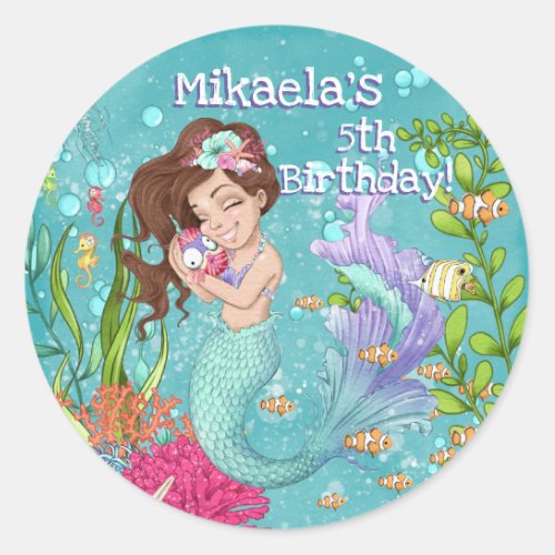 Gorgeous Brunette Turquoise Tail Mermaid Birthday Classic Round Sticker