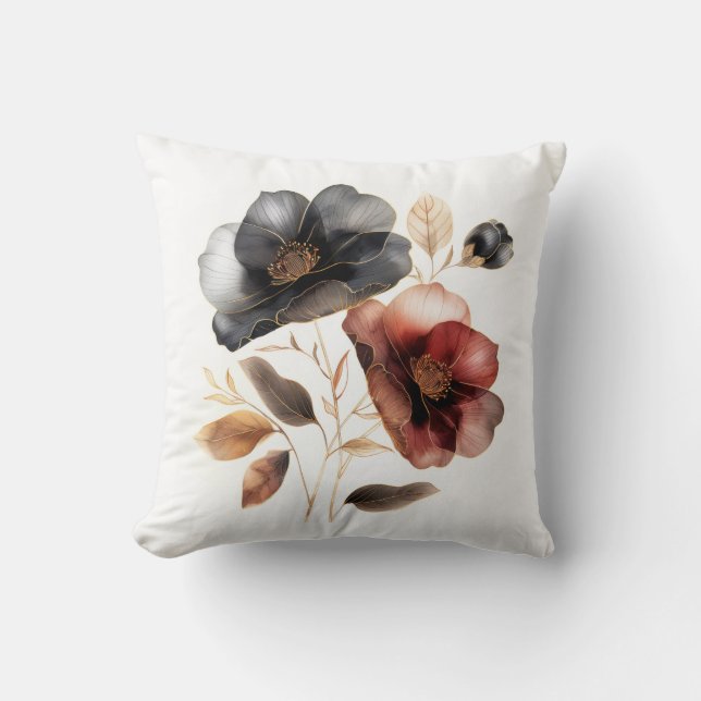 Gorgeous burgundy and gold pressed flowers throw pillow (Front)