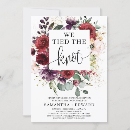 Gorgeous burgundy blush pink floral tied the knot invitation
