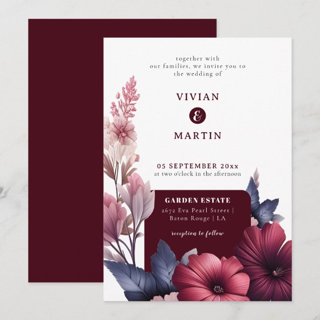  Gorgeous Burgundy & Blush Pink Magnolia Wedding Invitation (Front/Back)