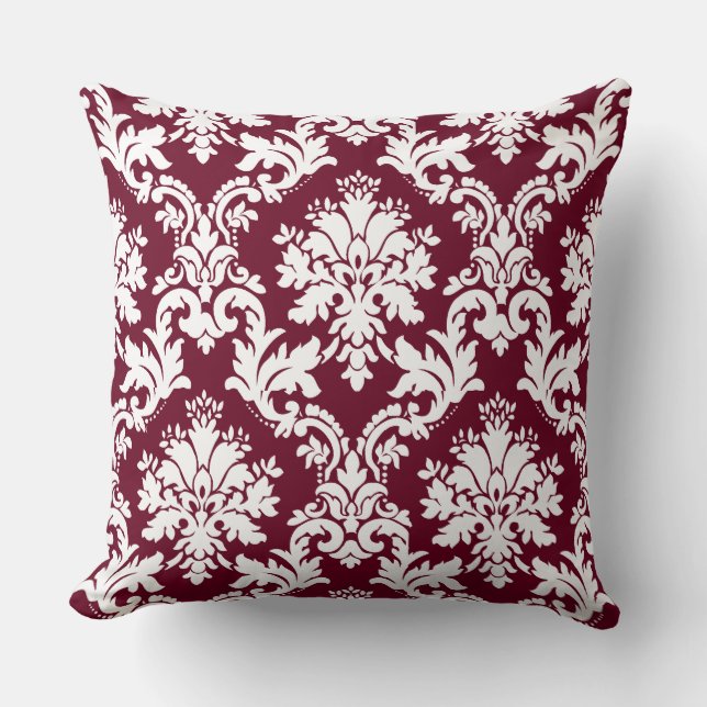 Gorgeous Burgundy Damask Floral Pattern Throw Pillow (Front)