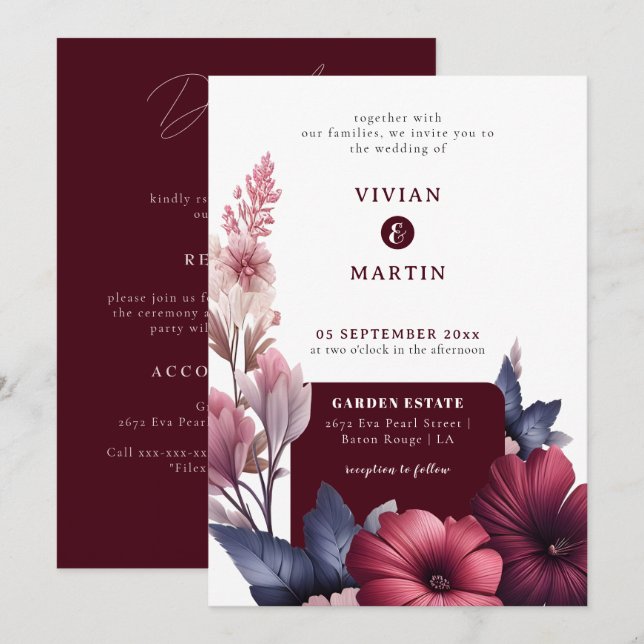 Gorgeous Burgundy Floral All in One Wedding Invitation (Front/Back)