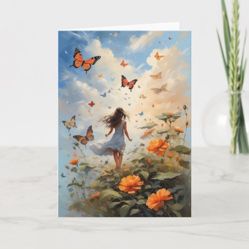 Gorgeous Butterflies Young Girl Flowers Blank Card