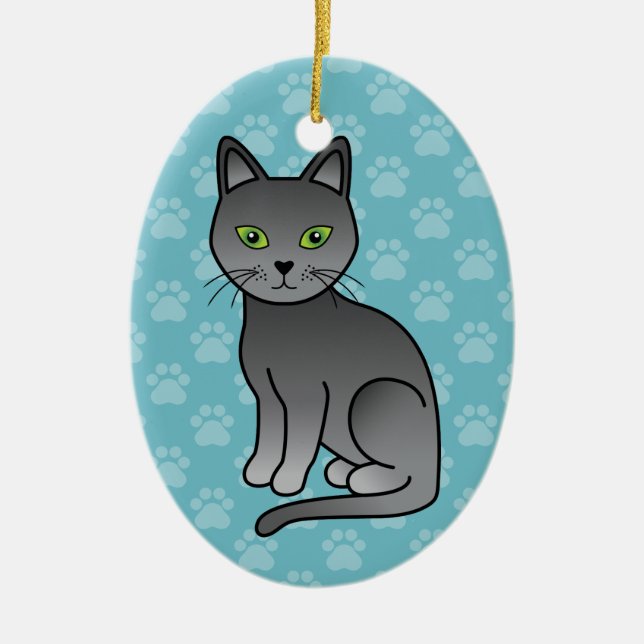 Gorgeous Cartoon Russian Blue Cat Sitting Ceramic Ornament (Front)