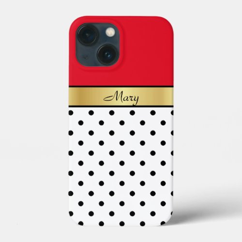 Gorgeous Cherry Red Gold White  Black Polka Dot iPhone 13 Mini Case