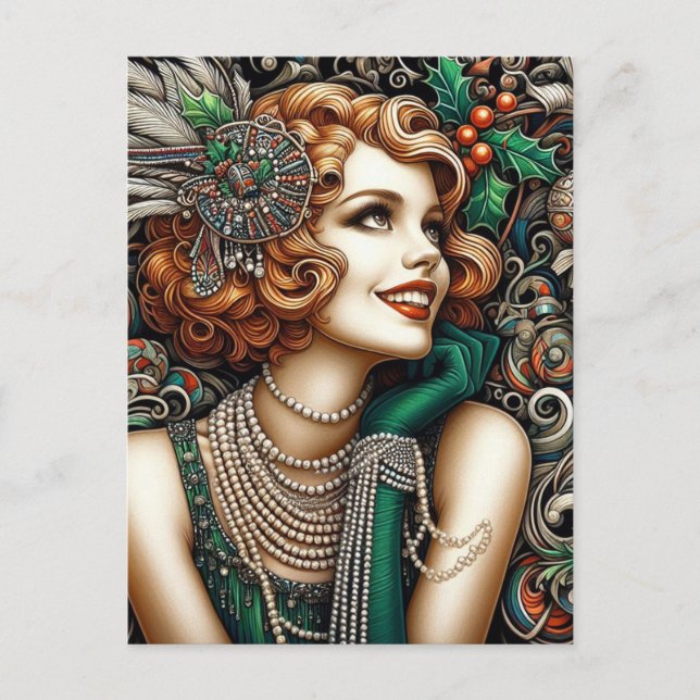 Gorgeous Christmas Flapper Woman Green Dress Postcard (Front)