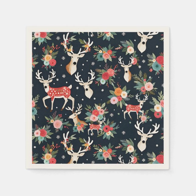 Gorgeous Christmas Reindeer Floral Napkins (Front)