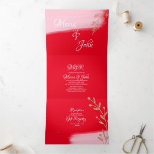 Gorgeous Christmas Rose Gold Sprigs Red Wedding Tri-Fold Invitation