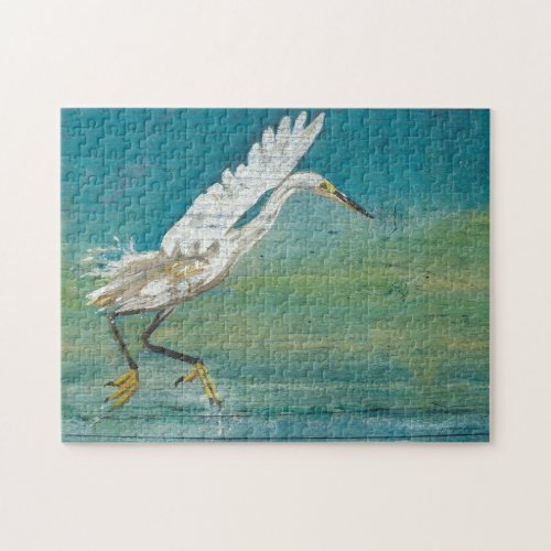 Gorgeous Coastal Egret Shore Bird Painting Jigsaw Puzzle