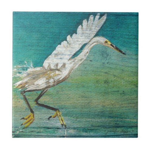 Gorgeous Coastal Egret Shorebird On Water Ceramic Tile