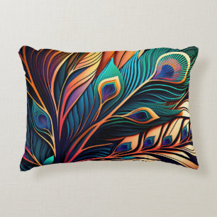Gorgeous Colorful Peacock, Art Deco Style Accent Pillow