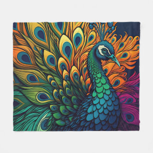 Gorgeous Colorful Peacock, Art Deco Style Fleece Blanket