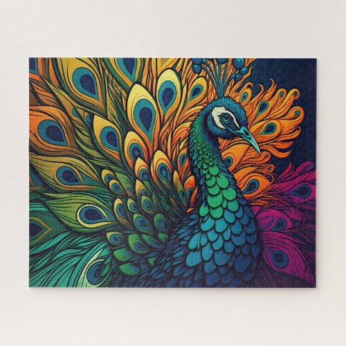 Gorgeous Colorful Peacock Art Deco Style Jigsaw Puzzle