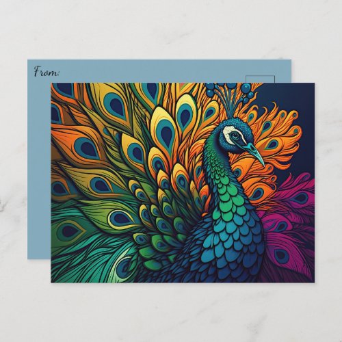 Gorgeous Colorful Peacock Art Deco Style Postcard
