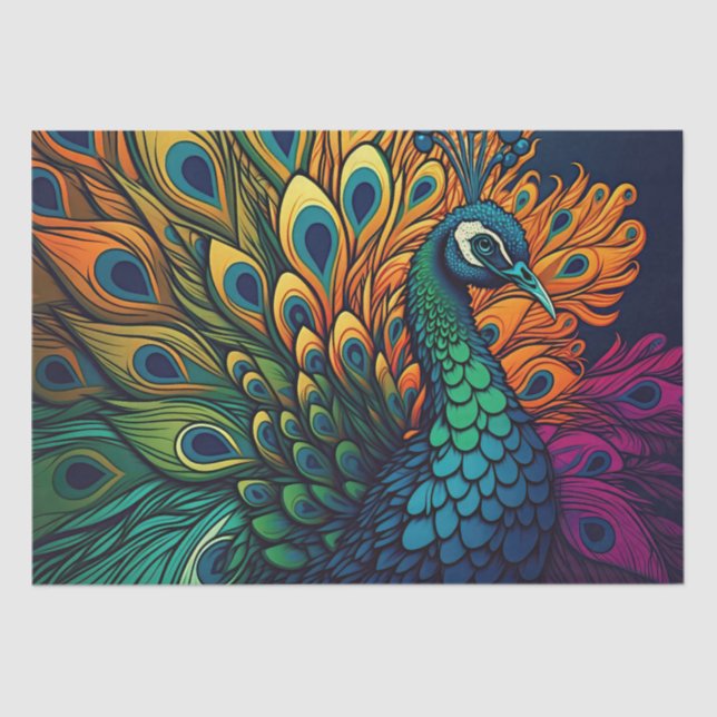 Gorgeous Colorful Peacock, Art Deco Style Tissue Paper (Front)
