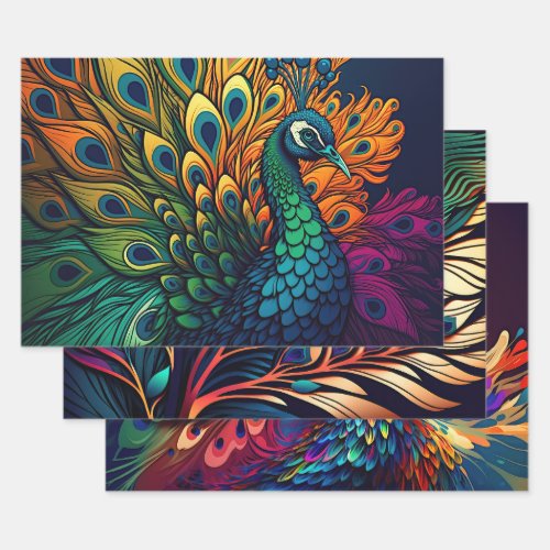 Gorgeous Colorful Peacock Art Deco Style Wrapping Paper Sheets