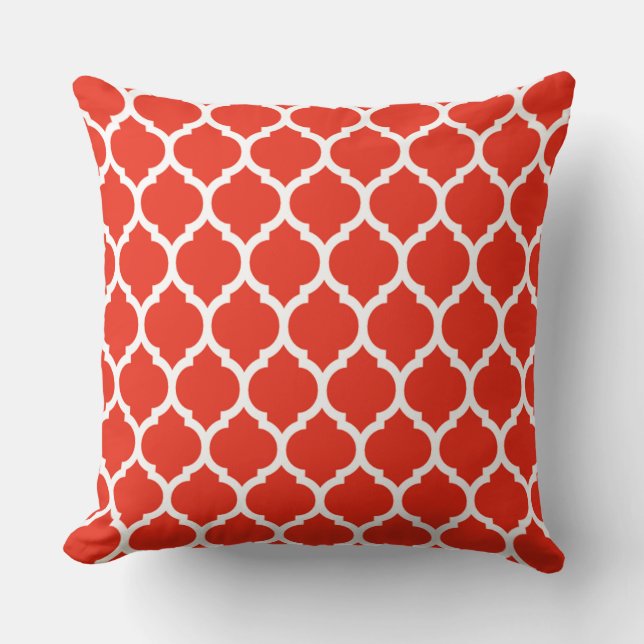 Gorgeous Coral Red Moroccan Quatrefoil Pattern Throw Pillow (Front)