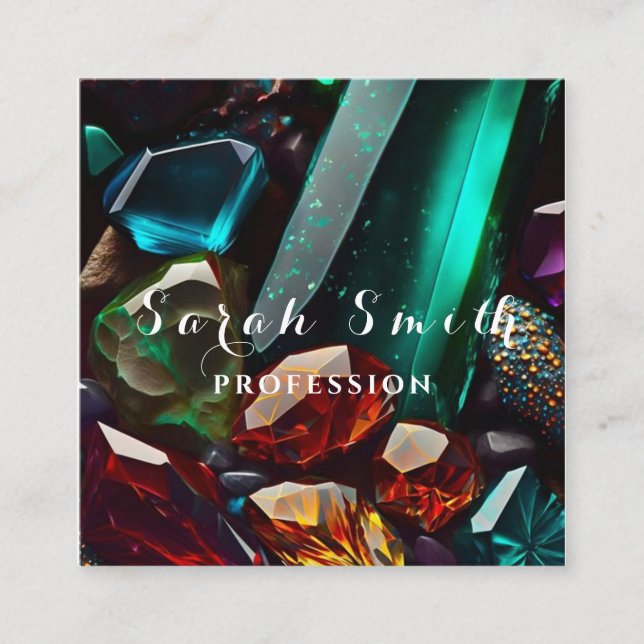 Gorgeous Crystals and Minerals Emerald-Green Square Business Card (Front)