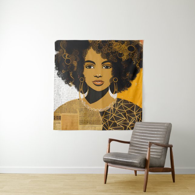 Gorgeous Curly Hair African American Woman Collage Tapestry (In Situ)