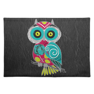 Gorgeous Custom Owl on Black Leather Gift Placemat