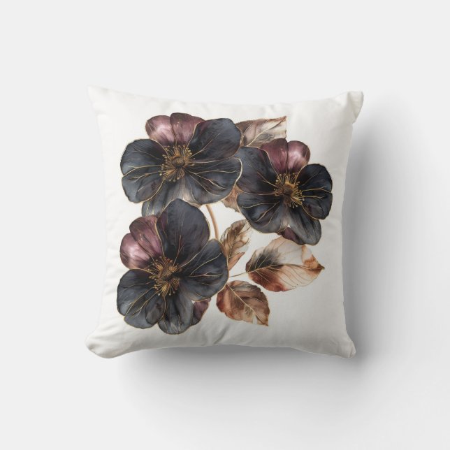 Gorgeous deep red marsala and gold pressed flowers throw pillow (Front)