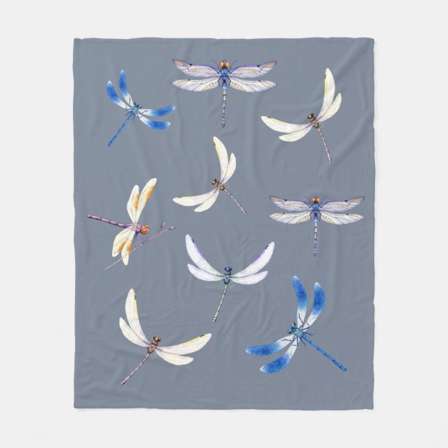 Gorgeous Dragonflies in Flight on Gray Fleece Blanket (Front)