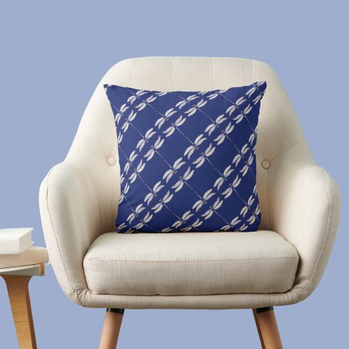 Gorgeous Dragonflies Repeated Pattern on Dark Blue Throw Pillow