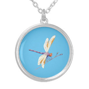 Gorgeous Dragonfly Perching on Branch on Sky Blue Silver Plated Necklace