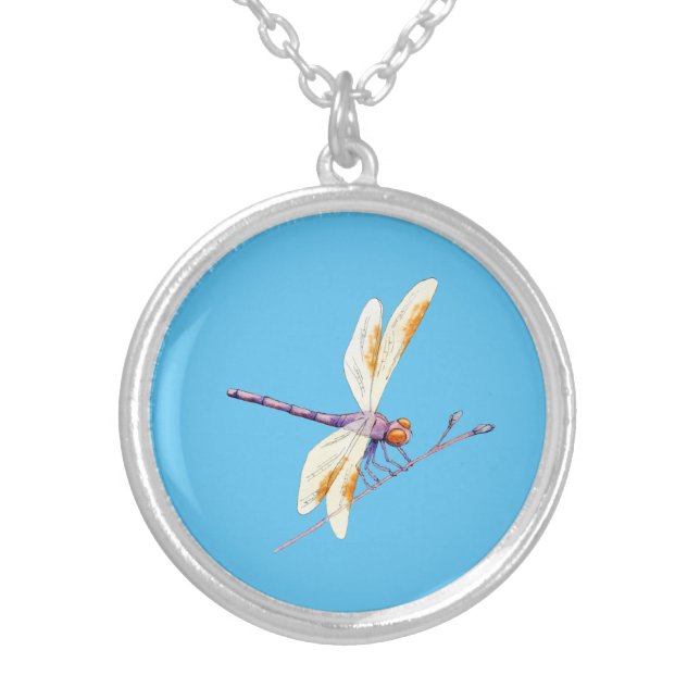 Gorgeous Dragonfly Perching on Branch on Sky Blue Silver Plated Necklace (Front)
