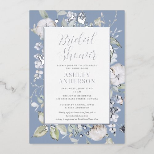 Gorgeous Dusty Blue Botanical Bridal Shower Silver Foil Invitation