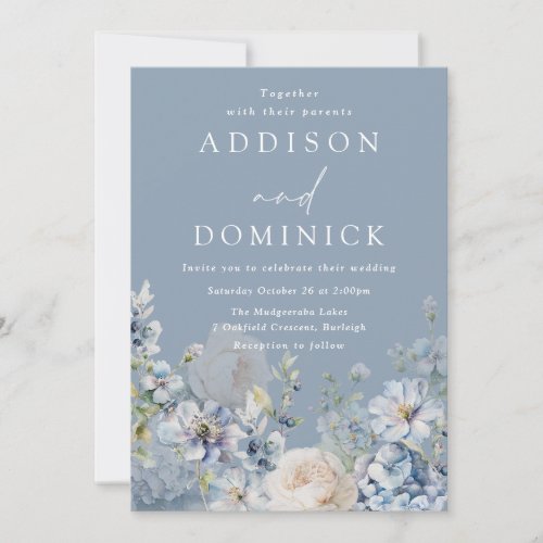 Gorgeous Dusty Blue Flowers Elegant Wedding Invitation