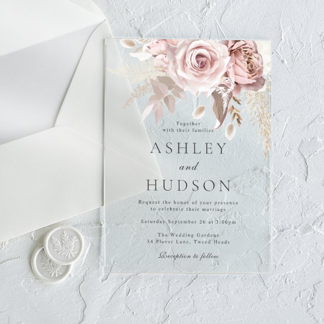 Gorgeous Dusty Rose & Blush Wedding Gray Font Acrylic Invitations (Creator Uploaded)