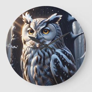 Gorgeous Eagle Owl in Snow Amongst the Trees Large Clock