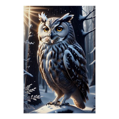 Gorgeous Eagle Owl in Snow Amongst the Trees Poster