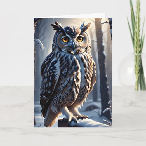 Gorgeous Eagle Owl in Snow on Tree Branch Limb Card