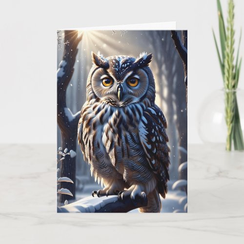 Gorgeous Eagle Owl in Snow on Tree Branch Limb Card