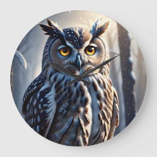 Gorgeous Eagle Owl in Snow on Tree Branch Limb Large Clock