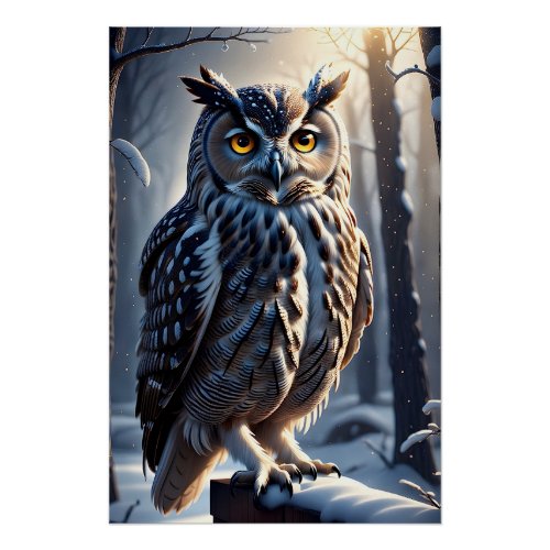 Gorgeous Eagle Owl in Snow on Tree Branch Limb Poster