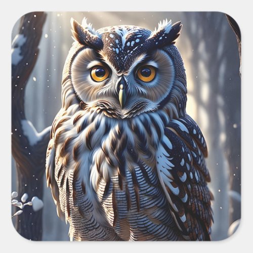 Gorgeous Eagle Owl in Snow on Tree Branch Limb Square Sticker