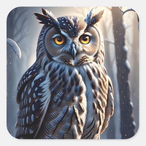 Gorgeous Eagle Owl in Snow on Tree Branch Limb Square Sticker