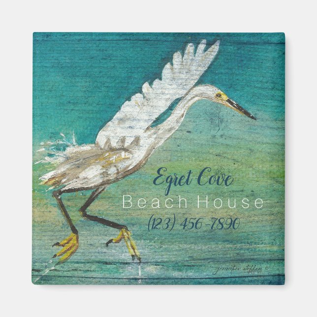 Gorgeous Egret Shorebird Beach House Art Magnet (Front)